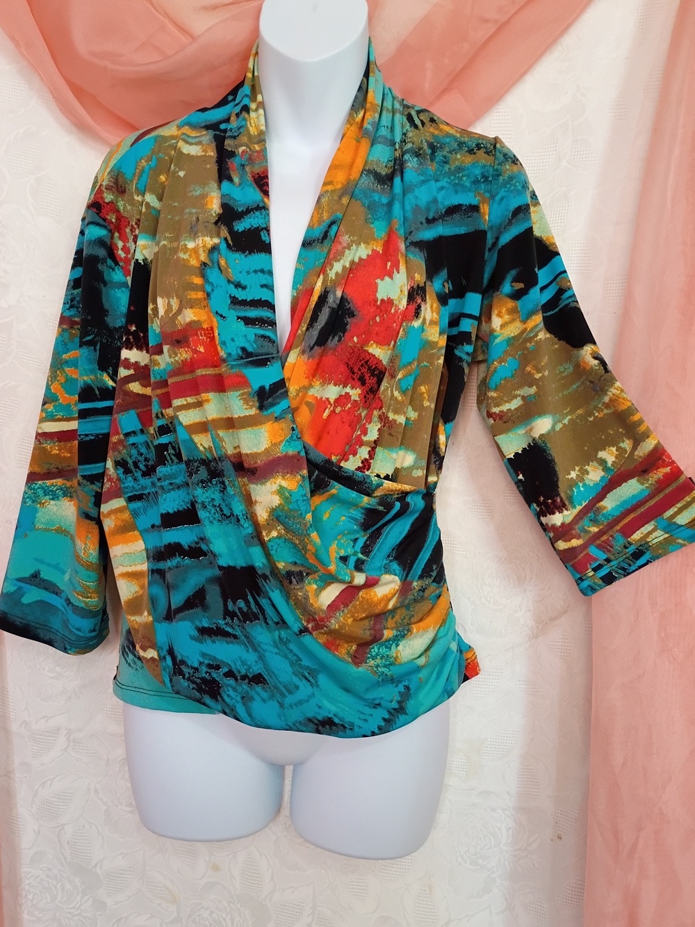 Ladies Abstract Multi-Color Wrap-Front Blouse in Teal Multi Sz Lg